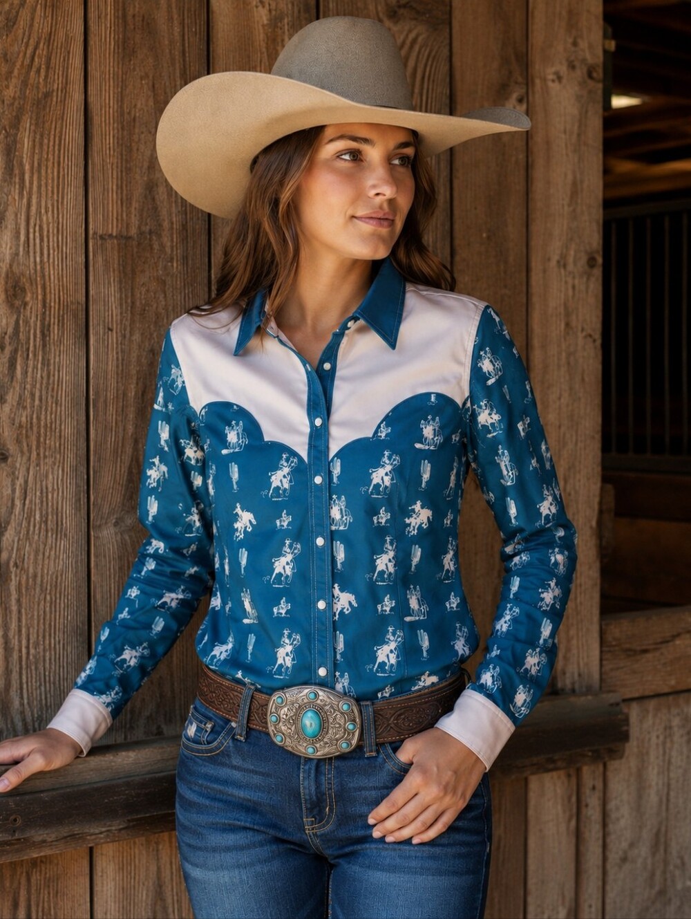 RANCH DRESS'N Fallon Taylor "Buckaroo" Turquoise & White Rodeo Performshirt sz S